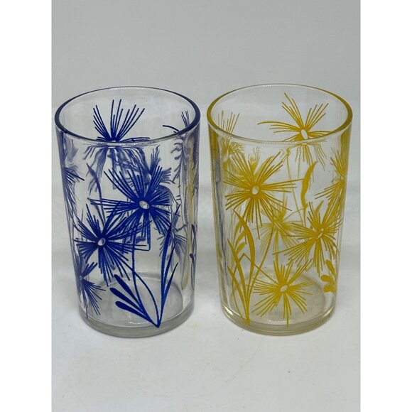 VTG Hazel Atlas Swanky Swigs Juice Glass Set Cornflower Blue Yellow Floral 3.5” - Picture 9 of 9